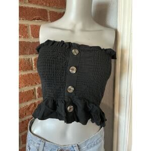 Blue Blush Black Smocked Tube Top Button Front Ruffle Hem Y2K Crop
